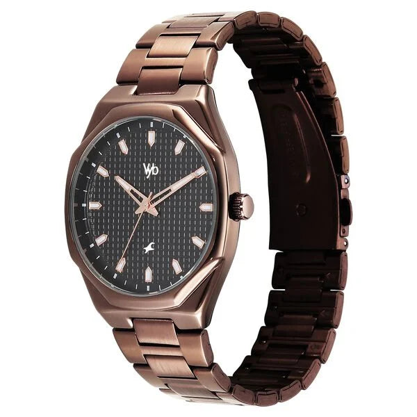 Fastrack FV30043QM01 | Vyb Nimbus By Fastrack Quartz Analog Black Dial Brown Metal Strap Watch For Guys