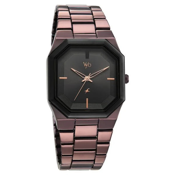 Fastrack FV30048KM03W | Vyb Pioneer By Fastrack Quartz Analog Black Dial Brown Metal Strap Watch For Guys