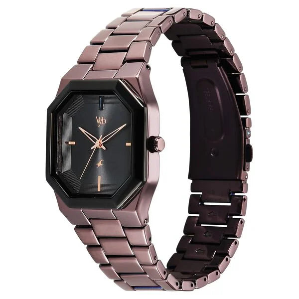 Fastrack FV30048KM03W | Vyb Pioneer By Fastrack Quartz Analog Black Dial Brown Metal Strap Watch For Guys