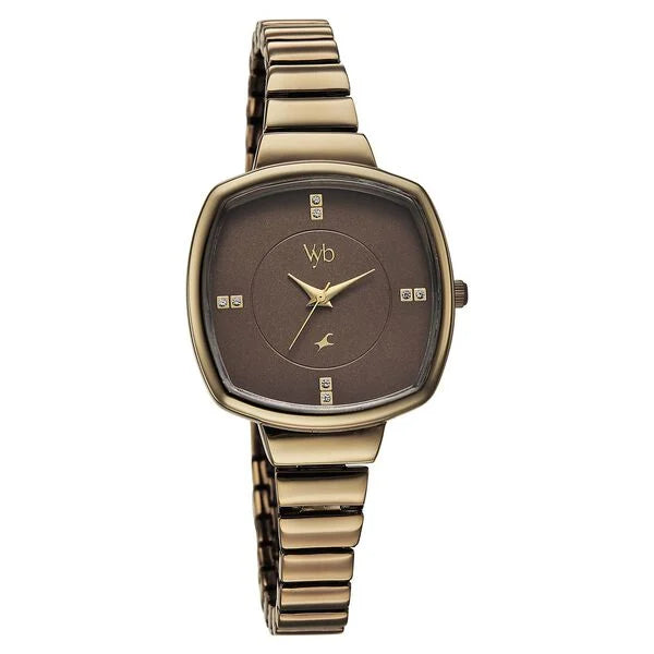 Fastrack FV60081QM01 | Fastrack Vyb Muse Quartz Analog Khaki Dial Metal Strap Watch For Girls
