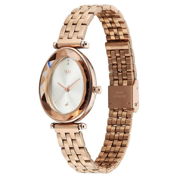 Fastrack FV60097WM01 | Vyb Prodigy By Fastrack Quartz Analog Silver Dial Rose Gold Stainless Steel Strap Watch For Girls