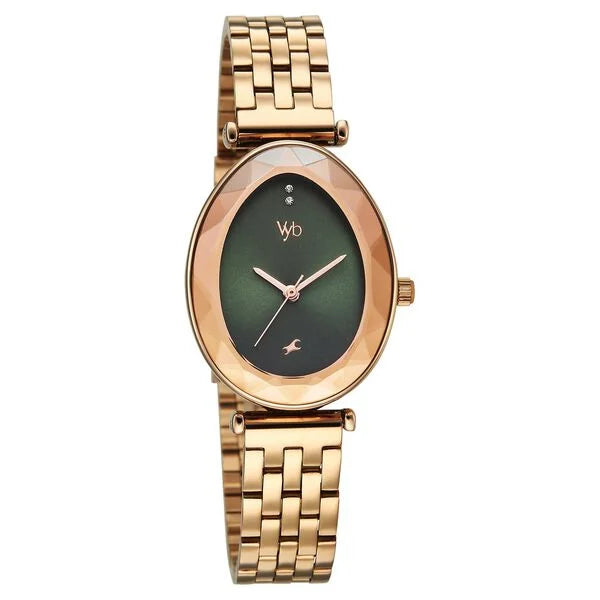 Fastrack FV60097WM02 | Vyb Prodigy By Fastrack Quartz Analog Green Dial Rose Gold Stainless Steel Strap Watch For Girls