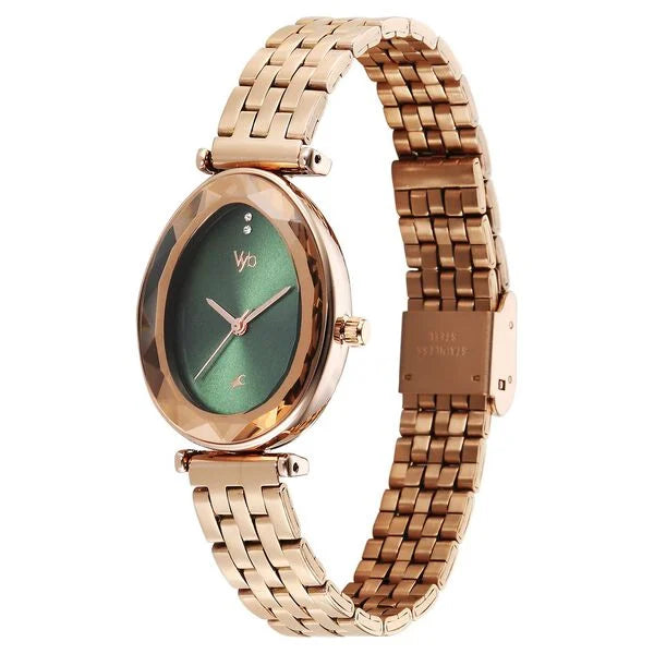 Fastrack FV60097WM02 | Vyb Prodigy By Fastrack Quartz Analog Green Dial Rose Gold Stainless Steel Strap Watch For Girls