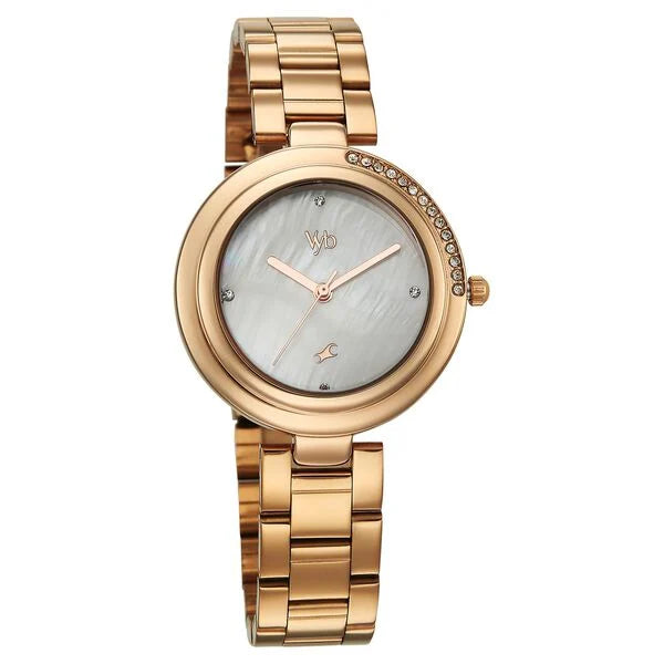Fastrack FV60106WM01W | Vyb Aura By Fastrack Quartz Analog White Dial Rose Gold Stainless Steel Strap Watch For Girls