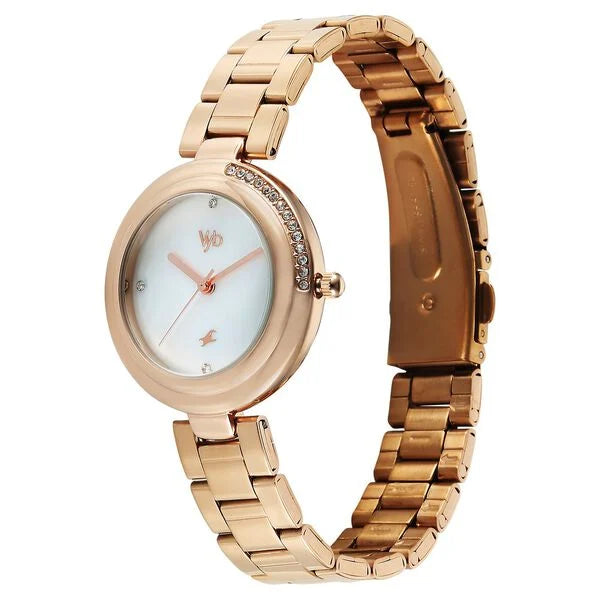 Fastrack FV60106WM01W | Vyb Aura By Fastrack Quartz Analog White Dial Rose Gold Stainless Steel Strap Watch For Girls
