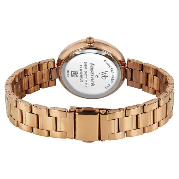 Fastrack FV60106WM01W | Vyb Aura By Fastrack Quartz Analog White Dial Rose Gold Stainless Steel Strap Watch For Girls