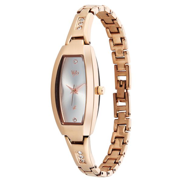 Fastrack FV60113WM01W | Vyb Manifester By Fastrack Quartz Analog Silver Dial Rose Gold Stainless Steel Strap Watch For Girls