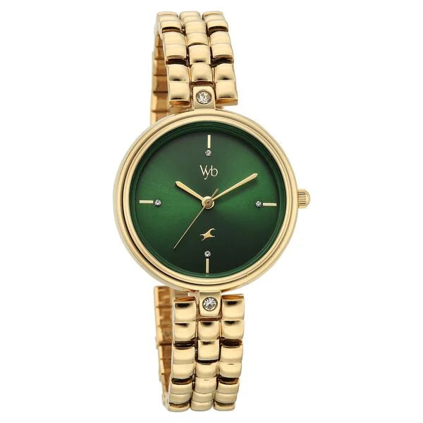 Fastrack FV60115YM01 | Vyb Iconiqu  By Fastrack Quartz Analog Green Dial Golden Metal Strap Watch For Girls