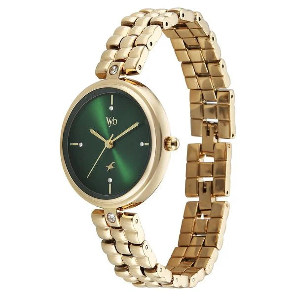 Fastrack FV60115YM01 | Vyb Iconiqu  By Fastrack Quartz Analog Green Dial Golden Metal Strap Watch For Girls