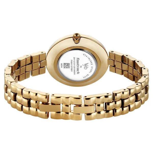 Fastrack FV60115YM01 | Vyb Iconiqu  By Fastrack Quartz Analog Green Dial Golden Metal Strap Watch For Girls