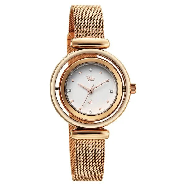 Fastrack FV60118WM01 | Vyb Celeste By Fastrack Quartz Analog White Dial Rose Gold Stainless Steel Strap Watch For Girls
