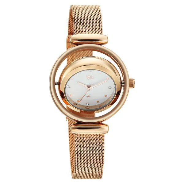 Fastrack FV60118WM01 | Vyb Celeste By Fastrack Quartz Analog White Dial Rose Gold Stainless Steel Strap Watch For Girls