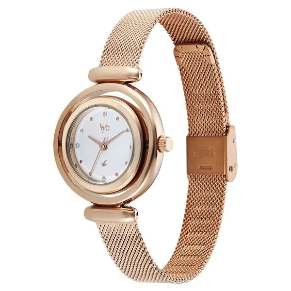 Fastrack FV60118WM01 | Vyb Celeste By Fastrack Quartz Analog White Dial Rose Gold Stainless Steel Strap Watch For Girls