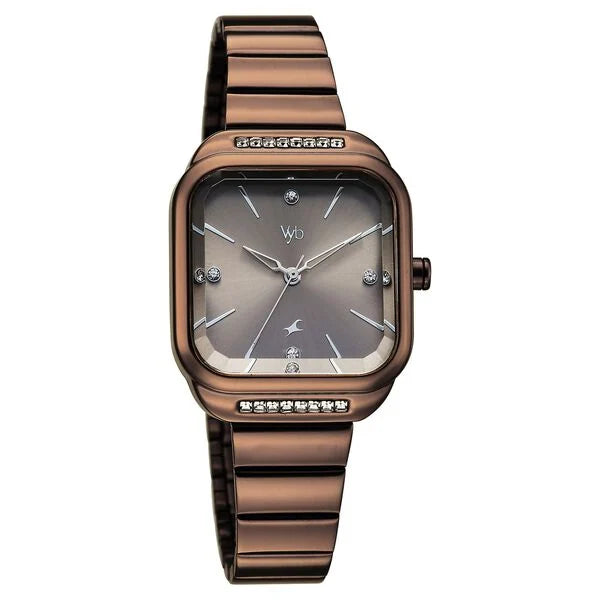 Fastrack FV60124QM01 | Vyb Seeker By Fastrack Quartz Analog Grey Dial Brown Stainless Steel Strap Watch For Girls