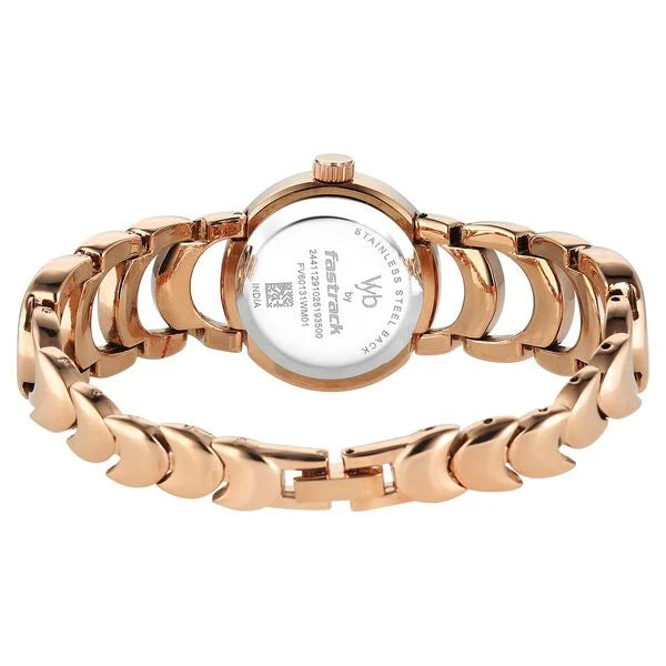 Fastrack FV60131WM01W | Vyb Bliss By Fastrack Quartz Analog Blue Dial Rose Gold Metal Strap Watch For Girls