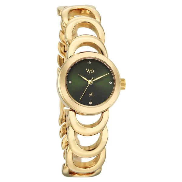 Fastrack FV60131YM01W | Vyb Bliss By Fastrack Quartz Analog Green Dial Golden Metal Strap Watch For Girls