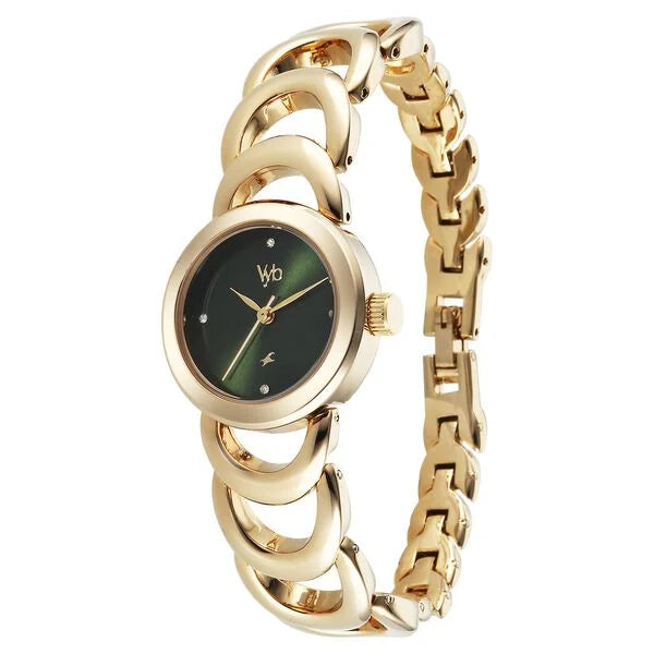 Fastrack FV60131YM01W | Vyb Bliss By Fastrack Quartz Analog Green Dial Golden Metal Strap Watch For Girls
