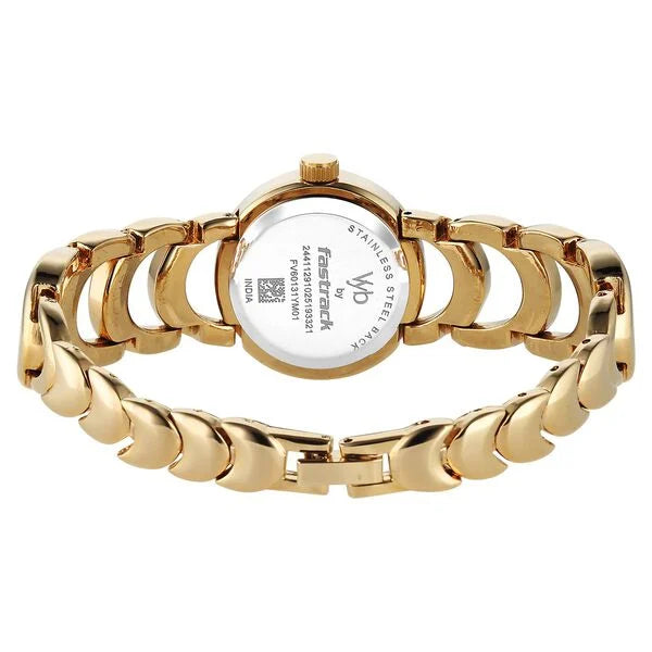 Fastrack FV60131YM01W | Vyb Bliss By Fastrack Quartz Analog Green Dial Golden Metal Strap Watch For Girls