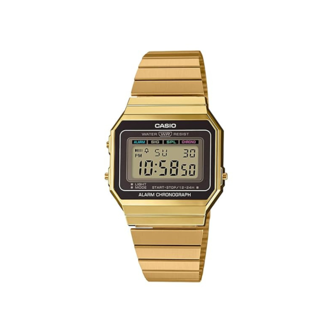 Casio A700WG-9ADF D198 | Vintage Unisex Quartz Gold Dial Digital Stainless Steel Watch