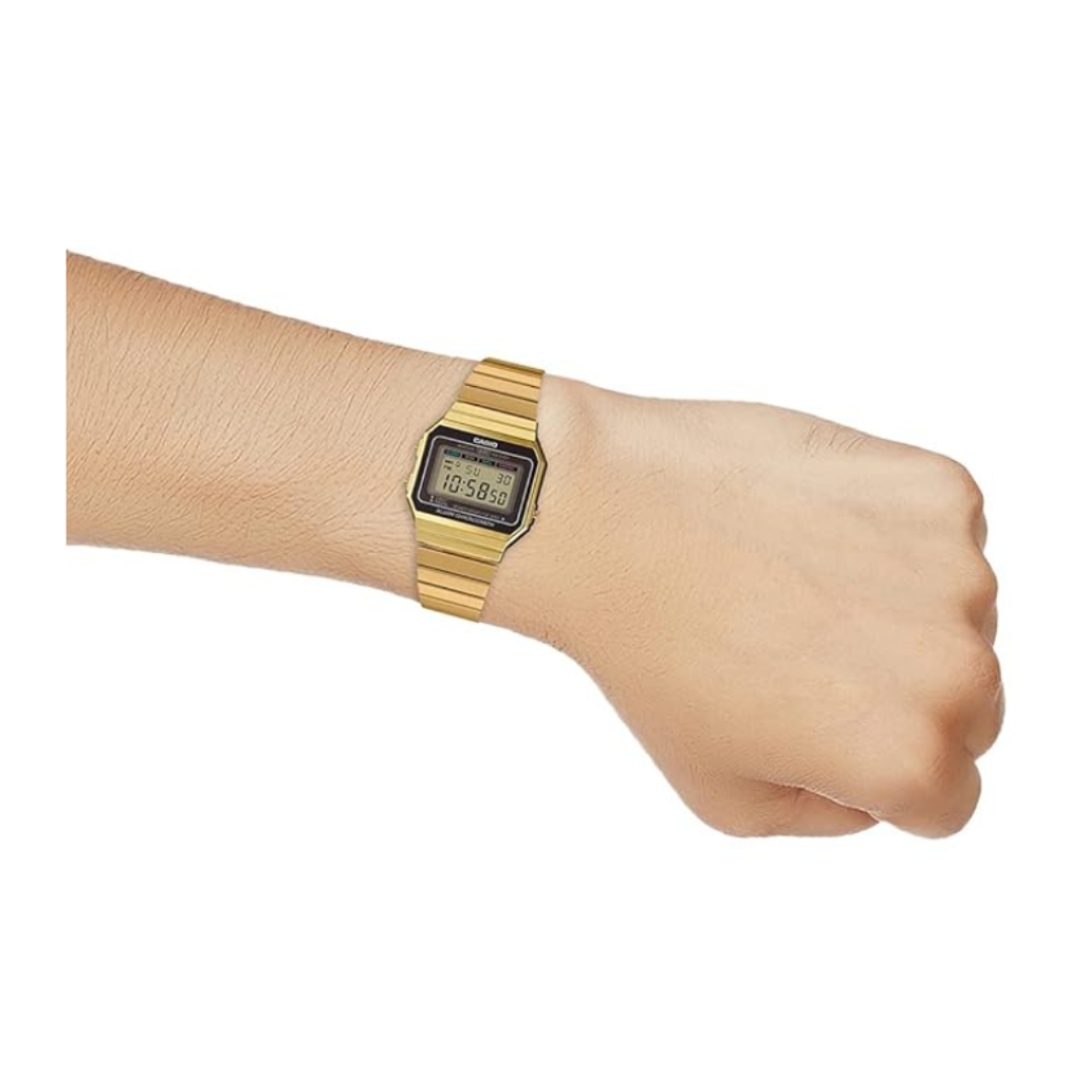 Casio A700WG-9ADF D198 | Vintage Unisex Quartz Gold Dial Digital Stainless Steel Watch