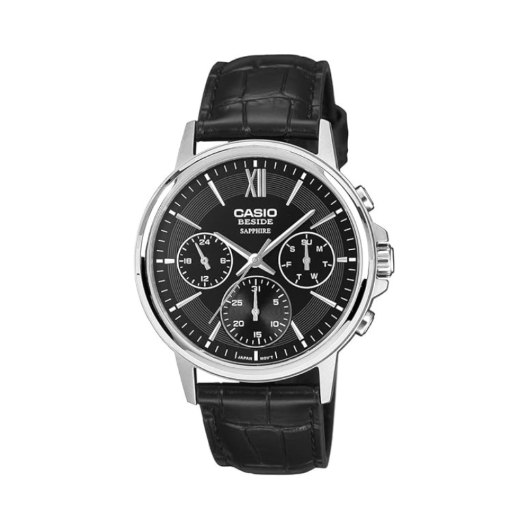 Casio BMS-300L-1AVDF A2544 | Enticer Men Quartz Black Dial Analog Leather Watch