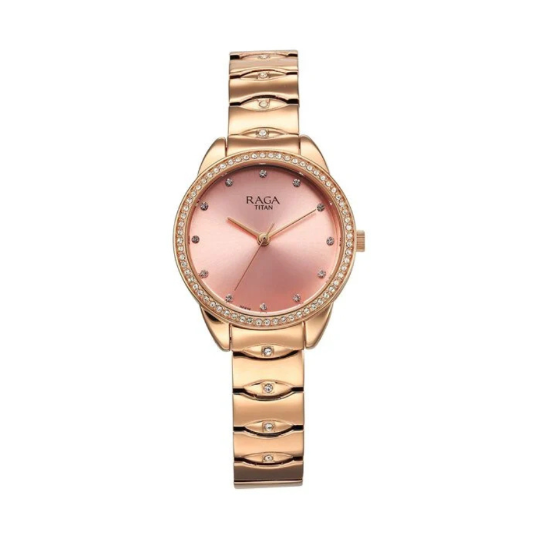 Titan 95281WM01 | Titan Raga Showstopper Quartz Analog Pink Round Dial Rose Gold Metal Strap Watch For Women