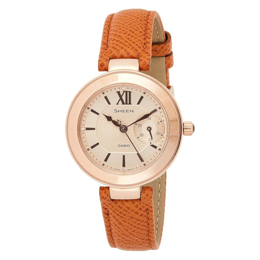 Casio SHE-3051PGL-7AUDF SX216 | Sheen Women Quartz White Dial Chronograph Leather Watch