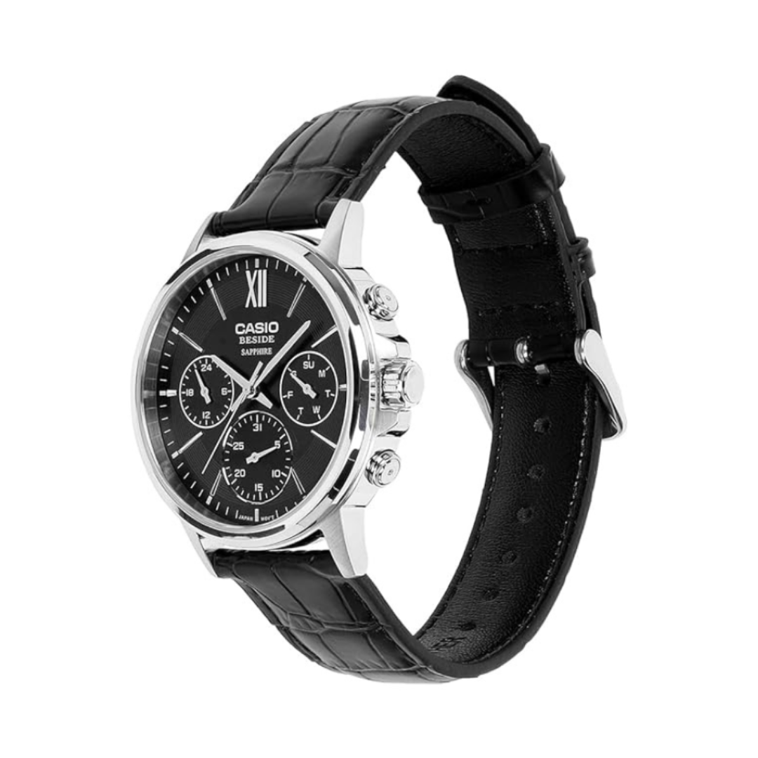 Casio BMS-300L-1AVDF A2544 | Enticer Men Quartz Black Dial Analog Leather Watch