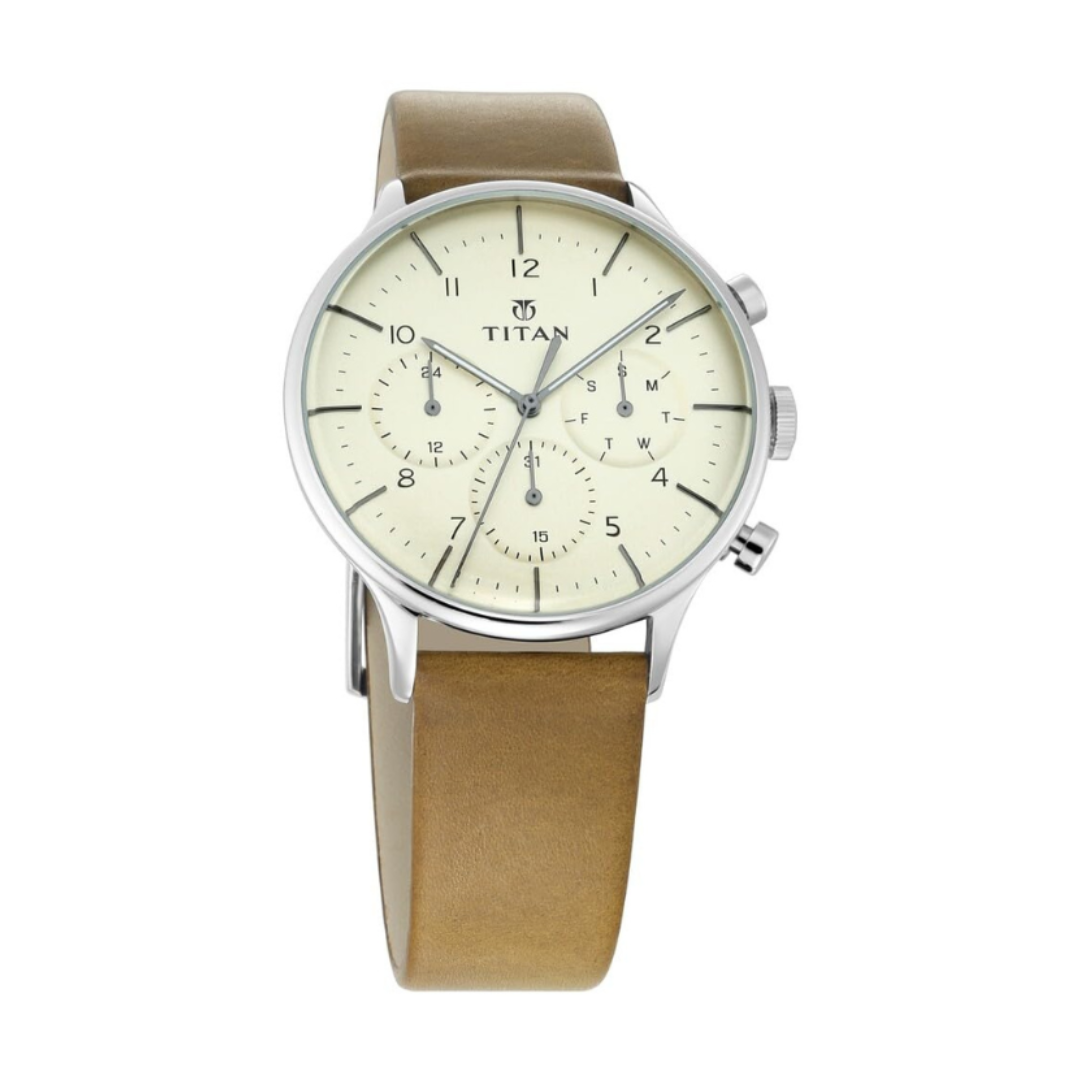 Titan 90102SL02 | Titan On Trend White Dial Quartz Multifunction Leather Strap watch for Men