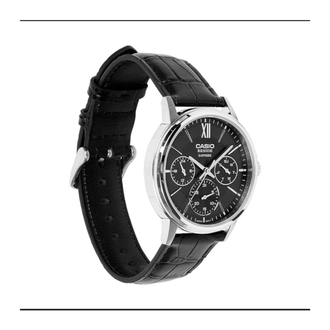 Casio BMS-300L-1AVDF A2544 | Enticer Men Quartz Black Dial Analog Leather Watch