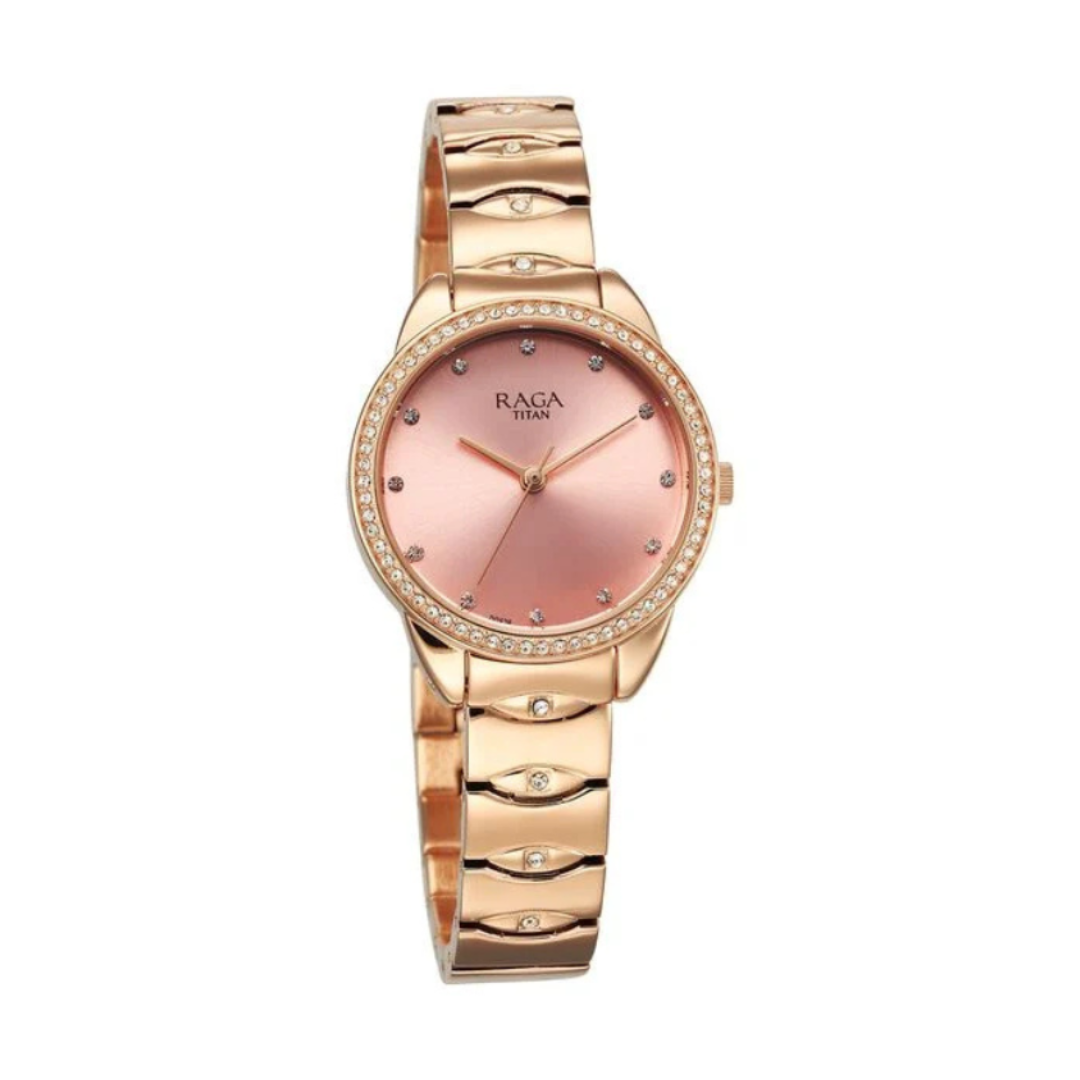 Titan 95281WM01 | Titan Raga Showstopper Quartz Analog Pink Round Dial Rose Gold Metal Strap Watch For Women