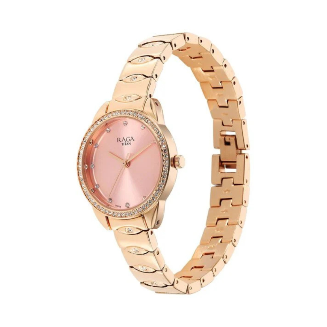 Titan 95281WM01 | Titan Raga Showstopper Quartz Analog Pink Round Dial Rose Gold Metal Strap Watch For Women