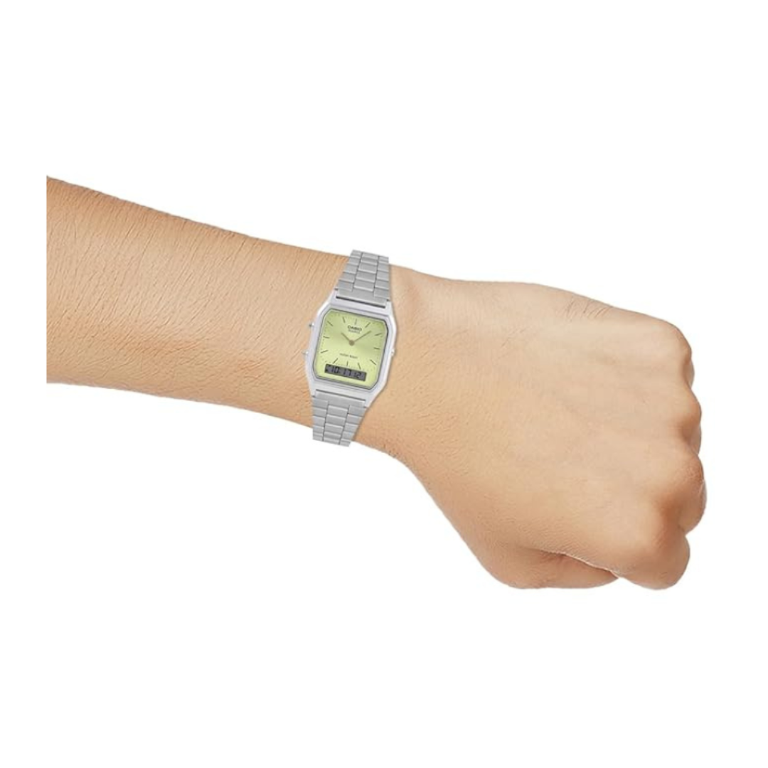 Casio AQ-230A-9AMQYDF AD280 | Vintage Unisex Quartz Green Dial Analog-Digital Stainless Steel Watch