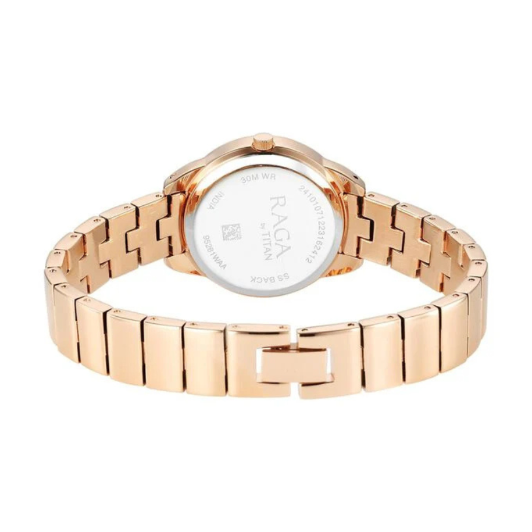 Titan 95281WM01 | Titan Raga Showstopper Quartz Analog Pink Round Dial Rose Gold Metal Strap Watch For Women