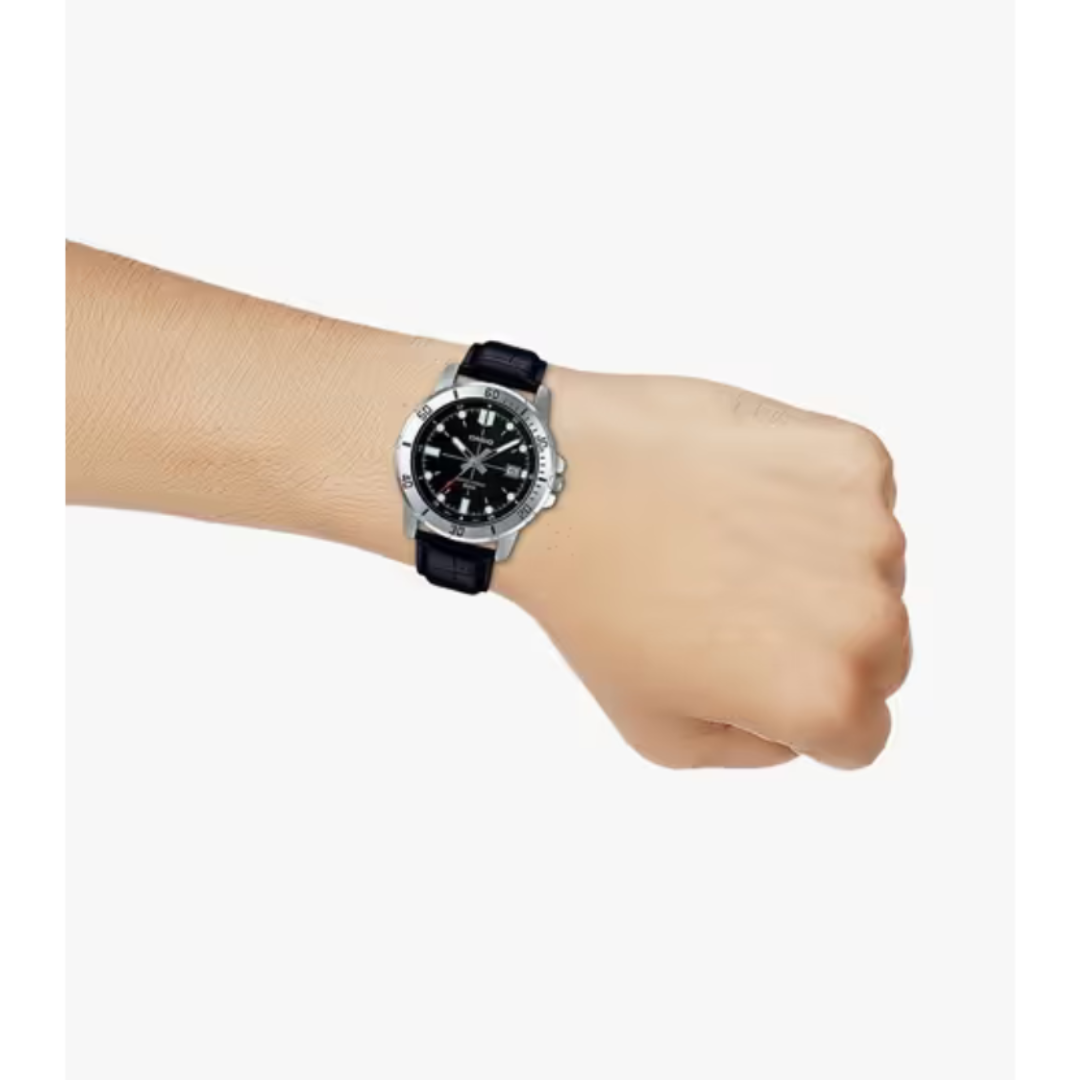 Casio MTP-VD01L-1EVUDF A1371 | Enticer Men Quartz Black Dial Analog Leather Watch.