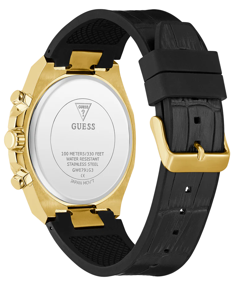 Guess GW0791G3 | Equity 44 mm Analogue Quartz Watch For Men's - Gold Dial with Black Silicone Strap