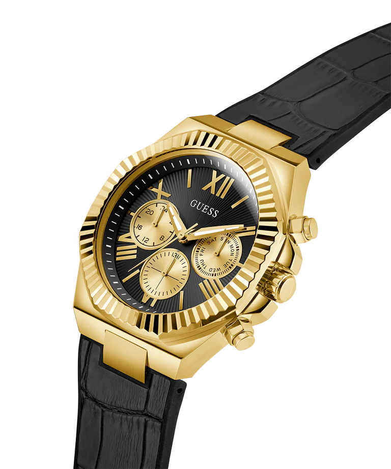 Guess GW0791G3 | Equity 44 mm Analogue Quartz Watch For Men's - Gold Dial with Black Silicone Strap