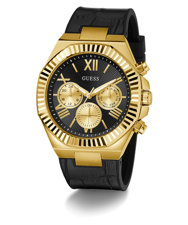 Guess GW0791G3 | Equity 44 mm Analogue Quartz Watch For Men's - Gold Dial with Black Silicone Strap