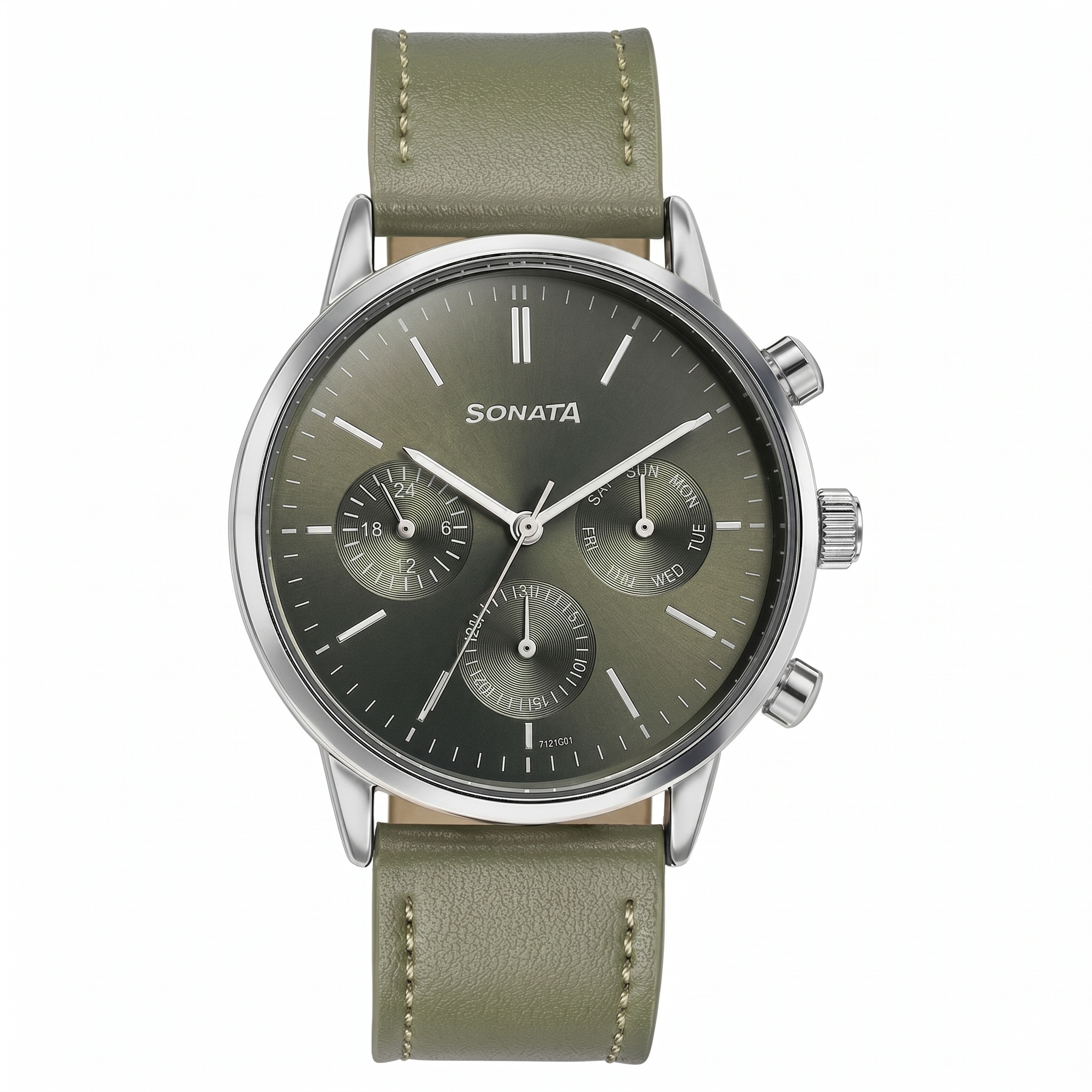 Sonata 77139SL02 | Sonata Quartz Multifunction Green Dial Green Leather Strap Watch For Men