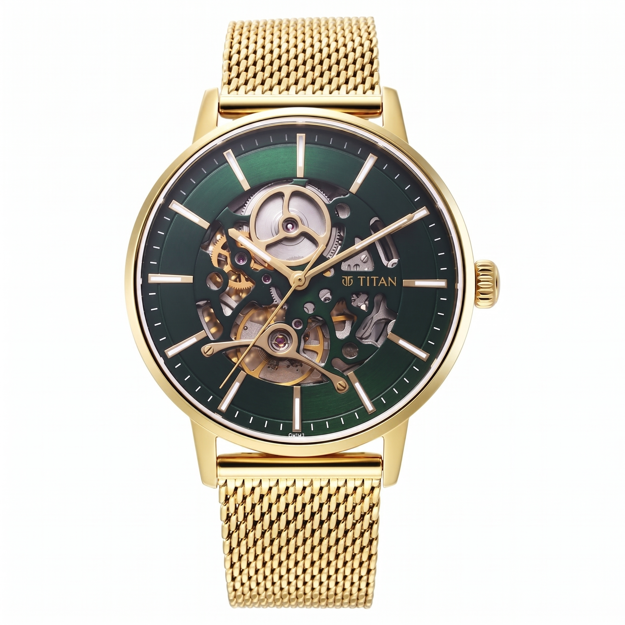 Titan 90159YM01 | Titan Mechanical Slimline Green Dial Golden Mesh Strap watch for Men