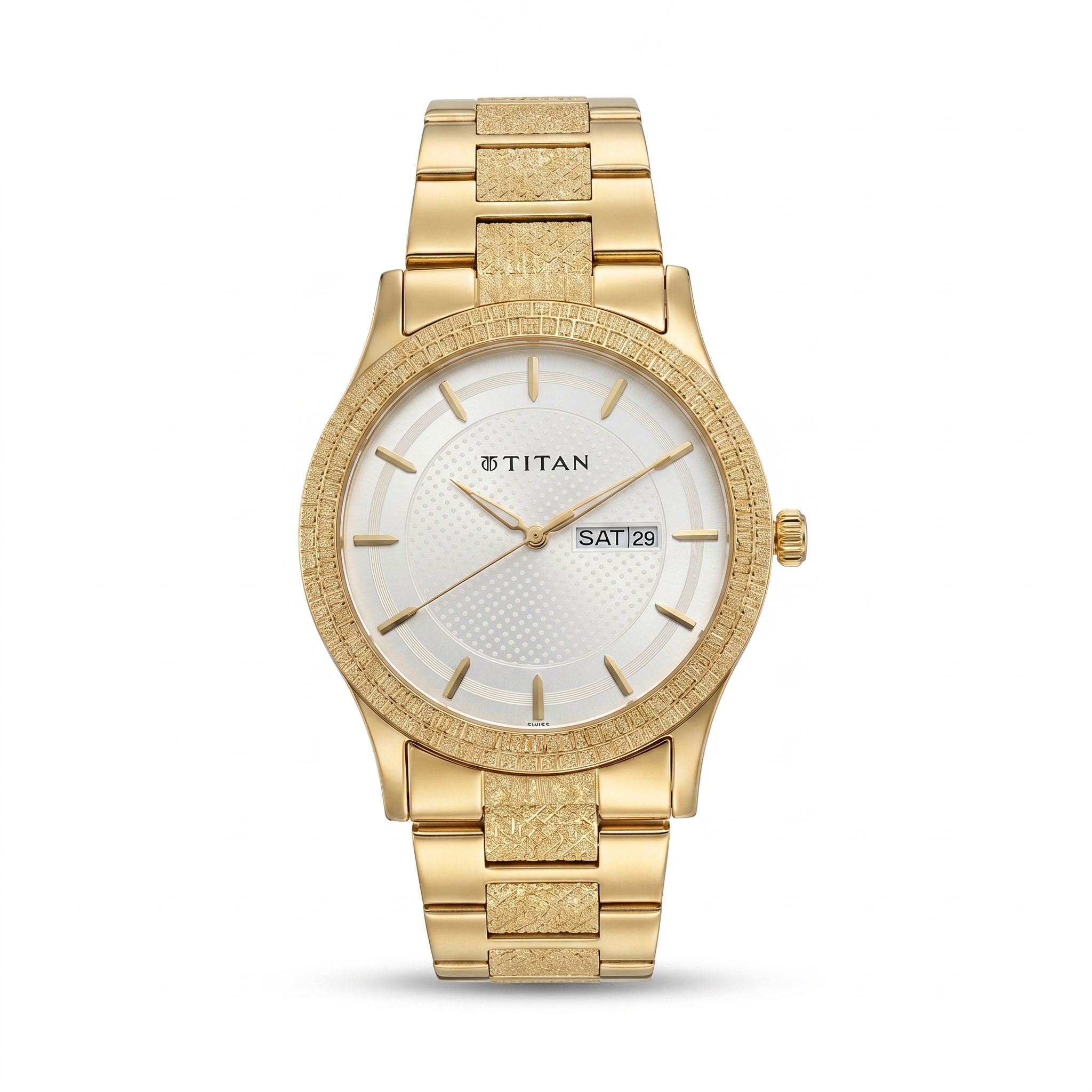 Titan 1650YM05 | Titan Quartz Analog with Day and Date Silver Dial Golden Stainless Steel Strap Watch For Men