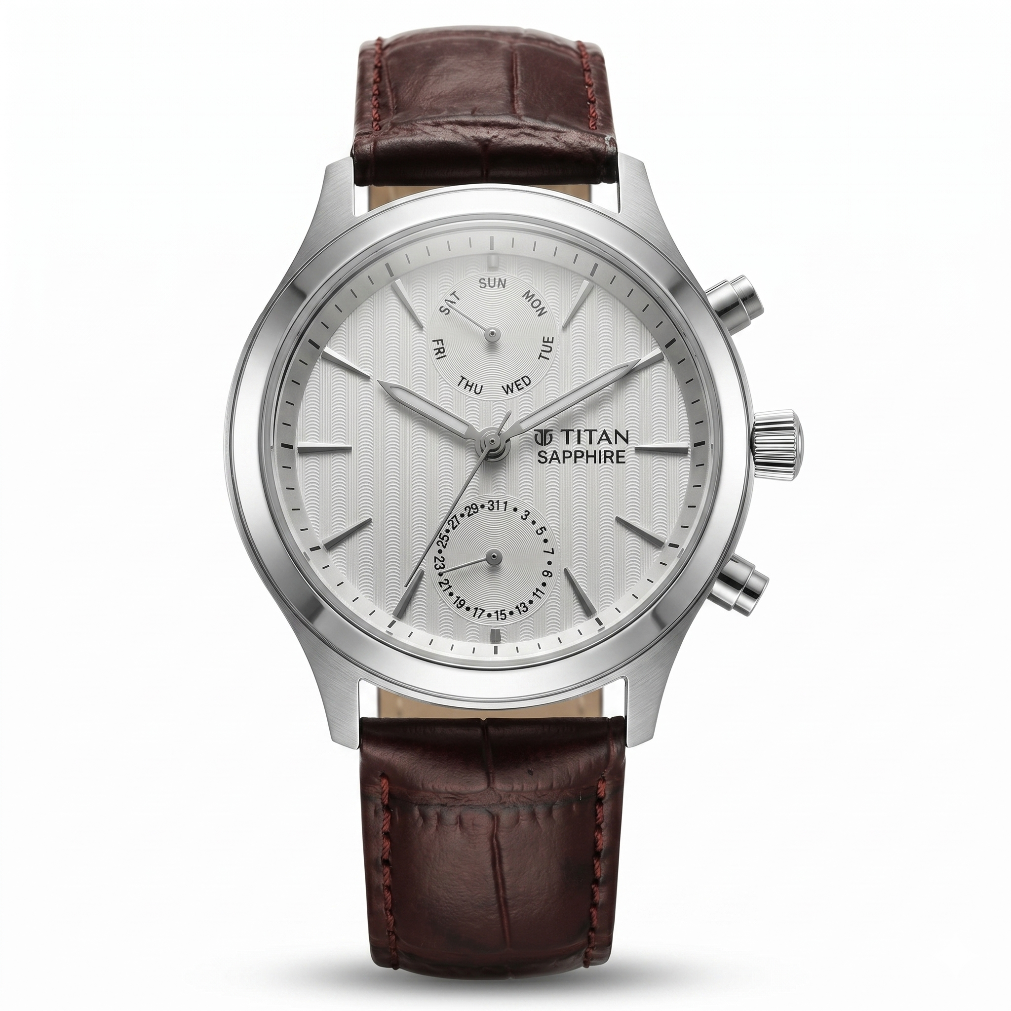 Titan 1874SL03 | Titan Sapphire Multifunction Quartz Analog with Day and Date White Dial Leather Strap Watch for Men