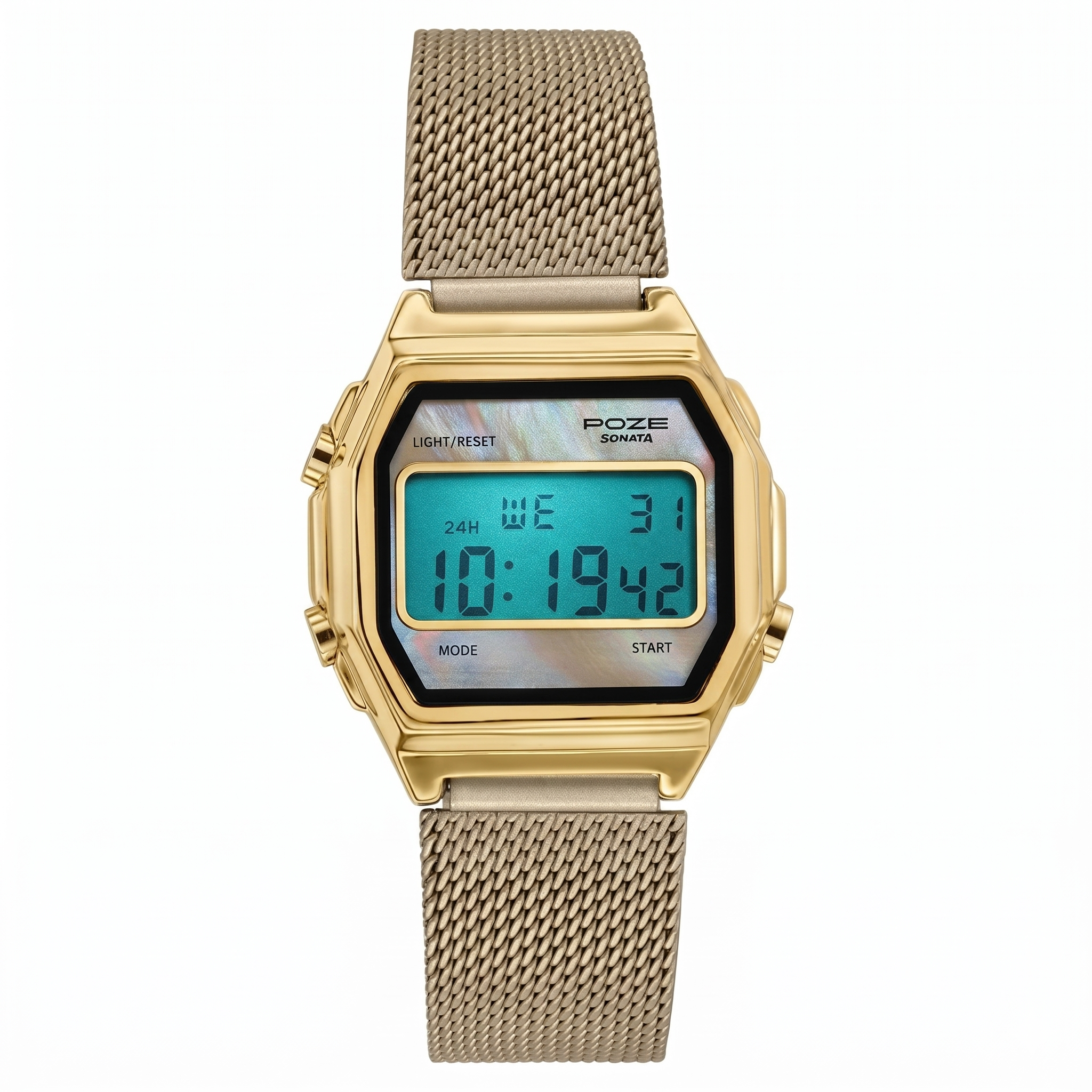 Sonata SP 80170YM01 | Poze By Sonata Digital Digital Beige Dial Beige Metal Strap Watch For Women