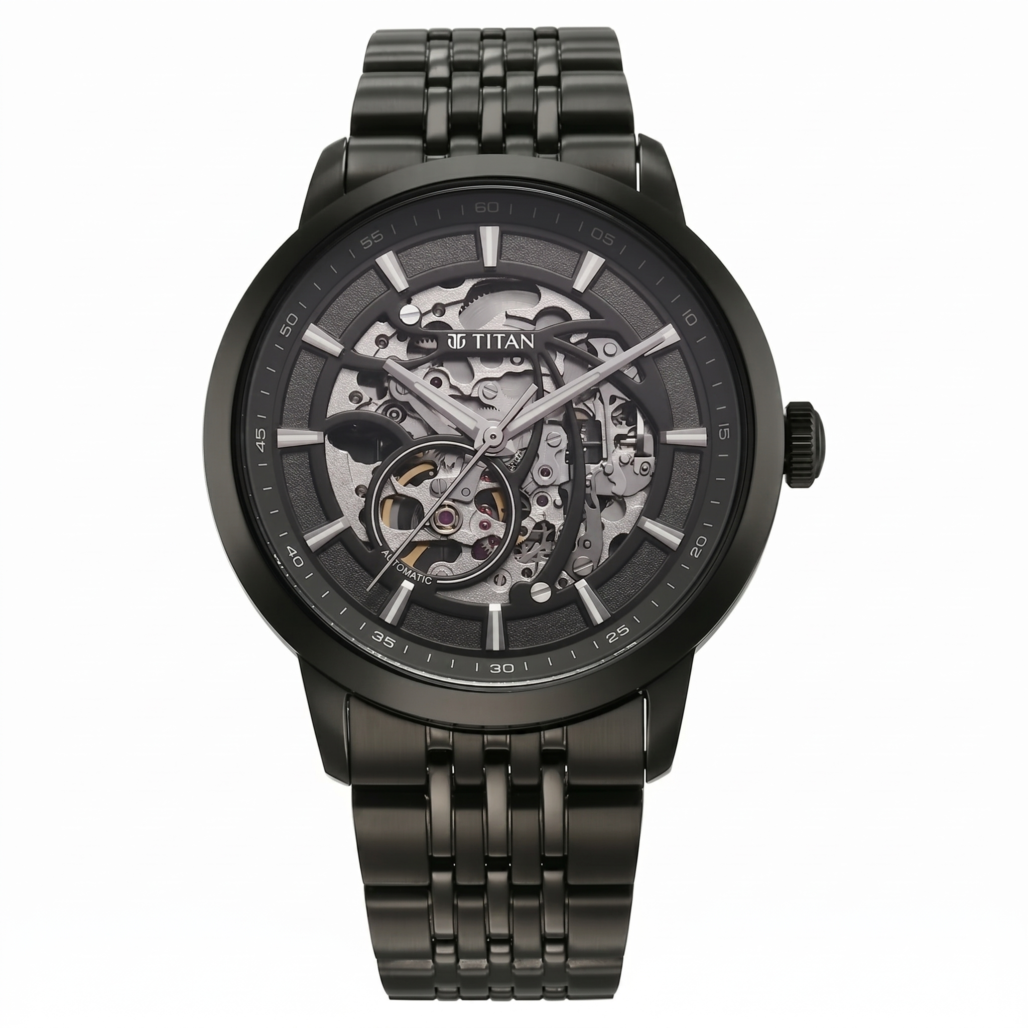 Titan 90223NM01 | Titan Phoenix Skeletal Automatic Analog with Gun Dial Black Stainless Steel Strap Watch for Men
