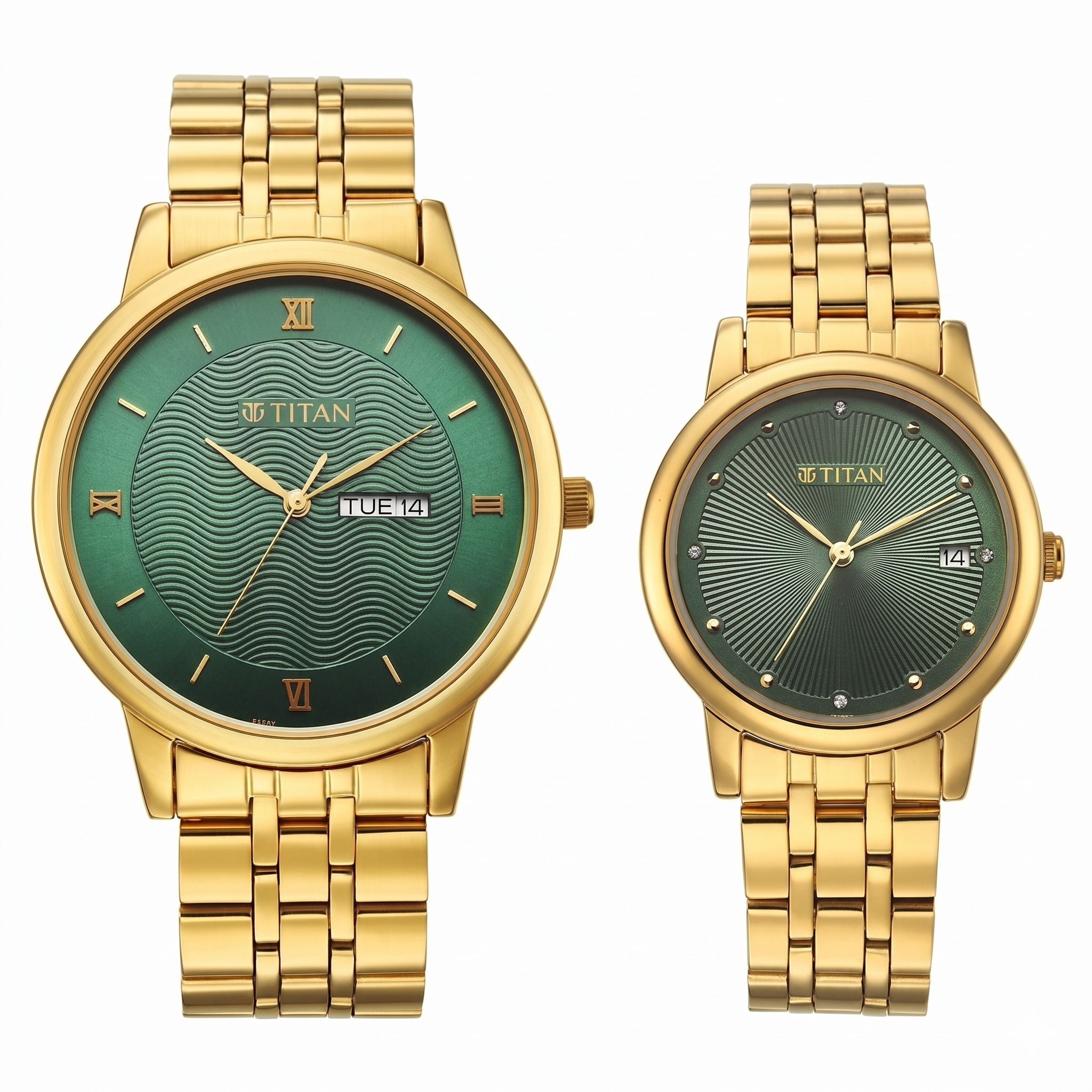 Titan 19672967YM01 | Titan Bandhan Eternal Pair Analog with Date and Green Dial Yellow Gold Stainless Steel Strap Watch for Couples
