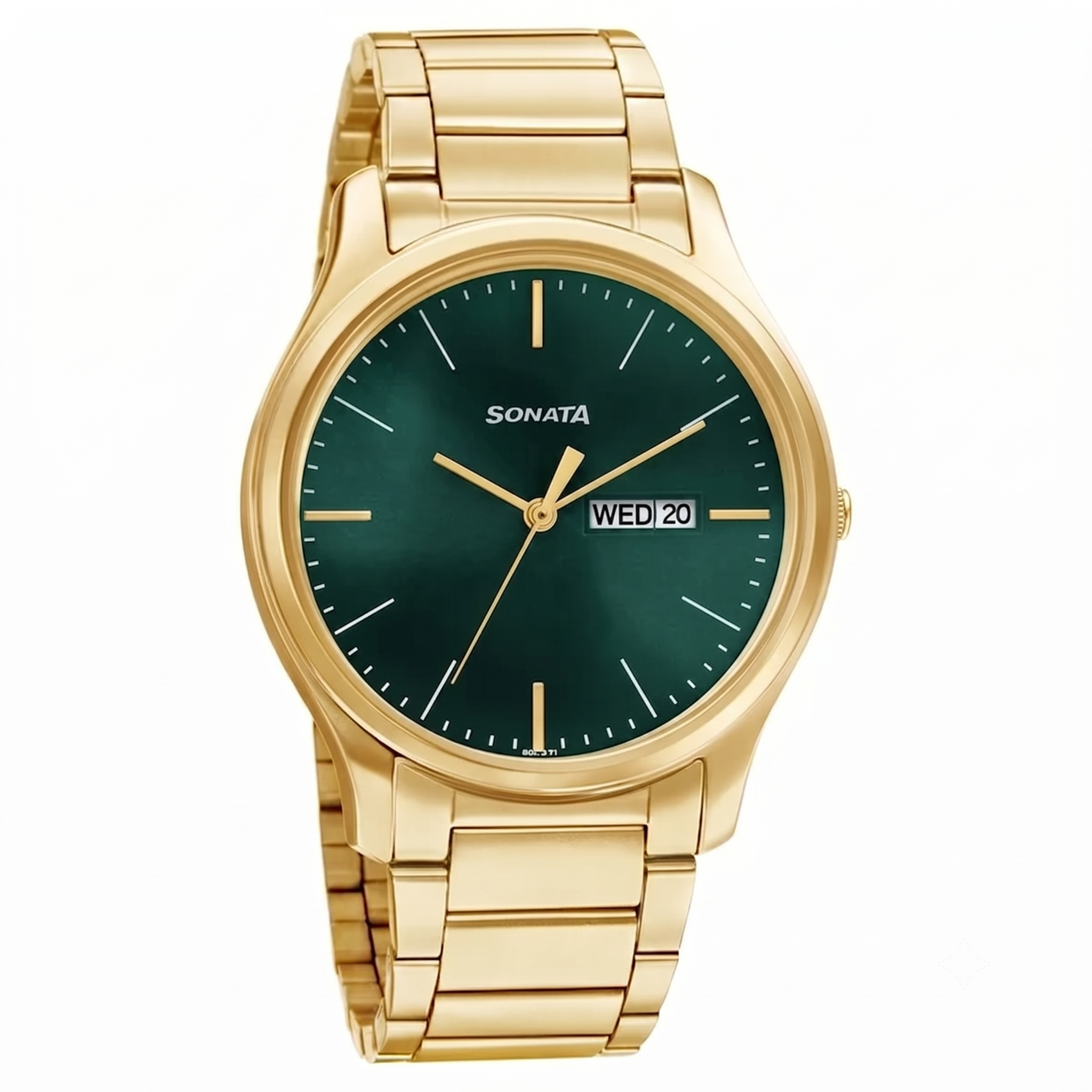 Sonata 77082YM05W | Sonata Quartz Analog with Day and Date Green Dial Stainless Steel Strap Watch for Men