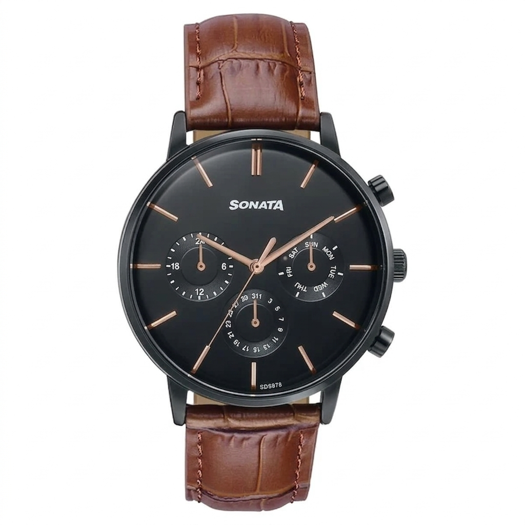 Sonata 77191NL01 | Sonata Festive Quartz Multifunction Black Dial Brown Leather Strap Watch For Men