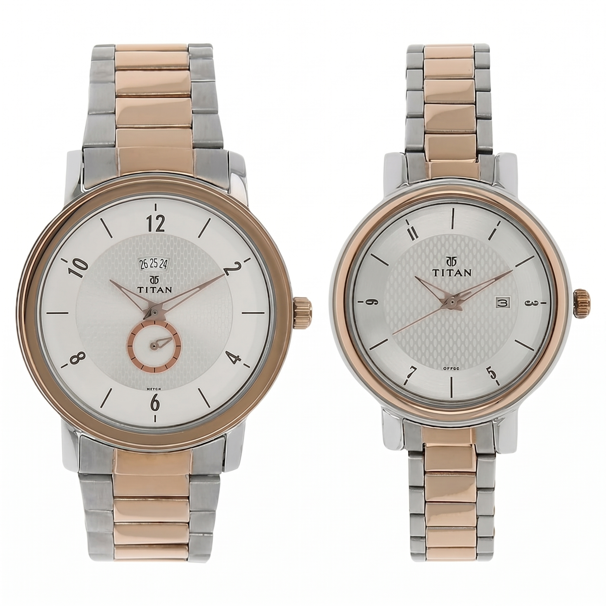 Titan Pair 9440255KM01 | Titan Bandhan Silver Dial Analog with Date Stainless Steel Strap watch for Couple