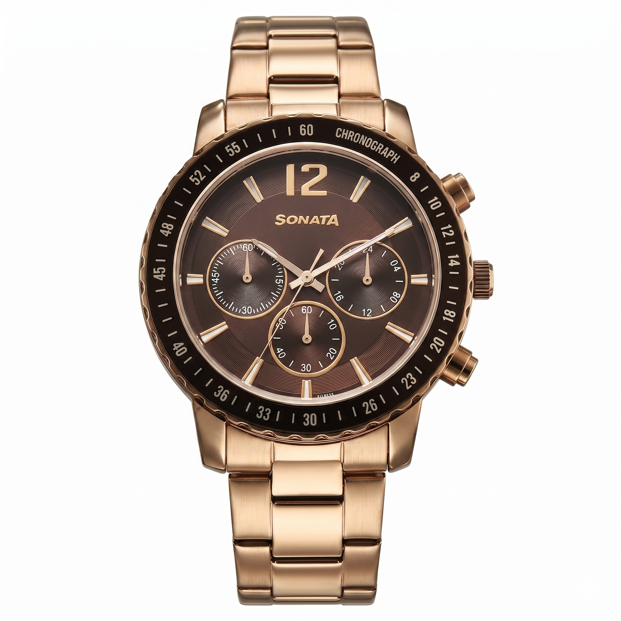 Sonata 77188KM02 | Sonata Chronos Quartz Analog with Date Brown Dial Rose Gold Colour Stainless Steel Strap Watch For Men