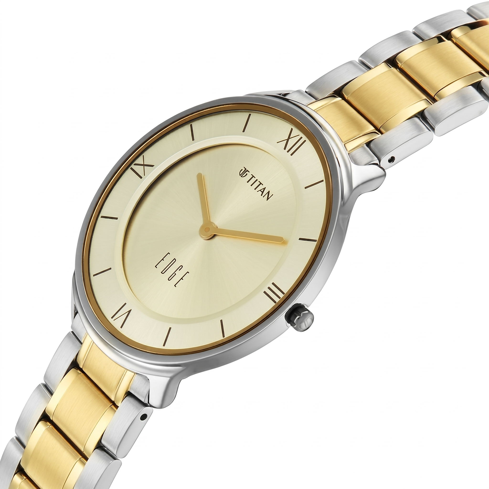 Titan 1843BM01 | Titan Edge Gleam Quartz Analog Champagne Dial Two Toned Stainless Steel Strap Watch For Men